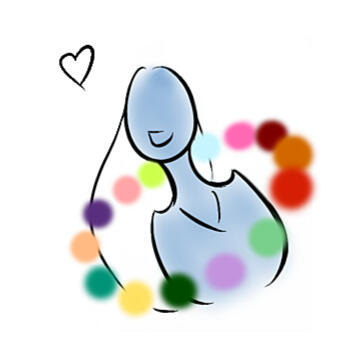 A blue outline of a person with a heart ringed with colored dots